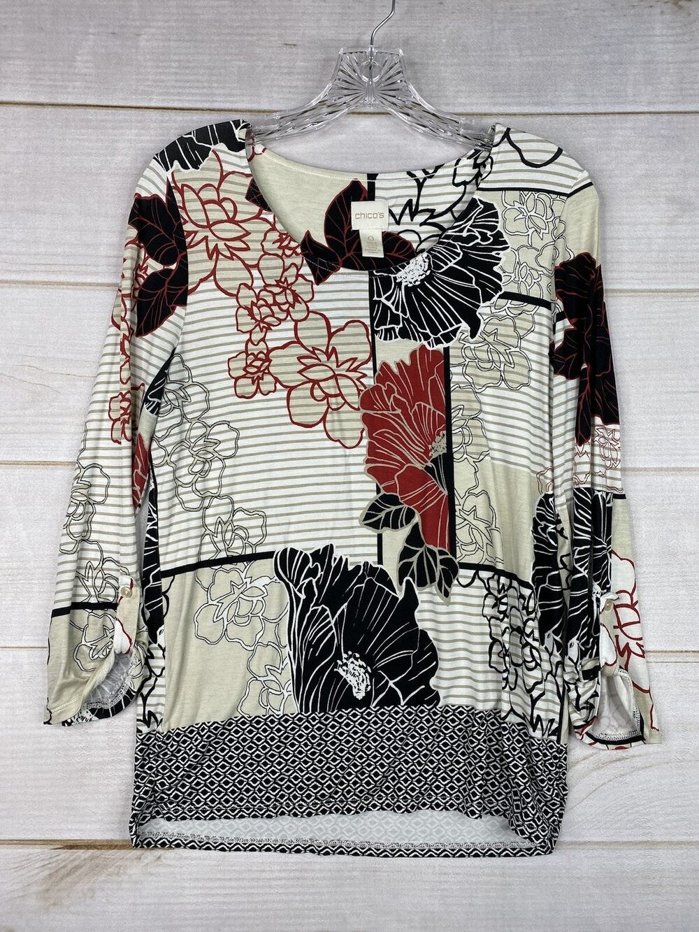Chico's Top Sz 0 Womens S Multicolor Floral Stripe Slinky Stretch Roll Tab Slv